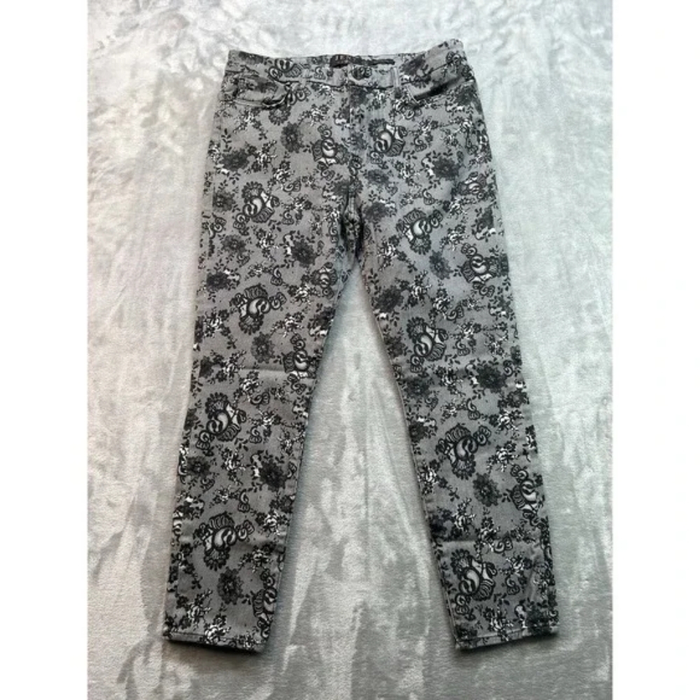 JEN 7 Womens Sz 10 Black Floral Jeans Skinny Ankle Mid Rise Stretch Denim Pants